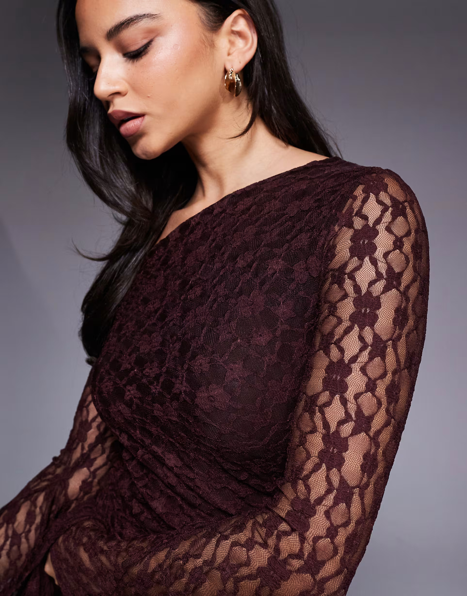 ASOS DESIGN lace off shoulder maxi dress with exaggerated cuff detail in plum | ASOS | ASOS (Global)