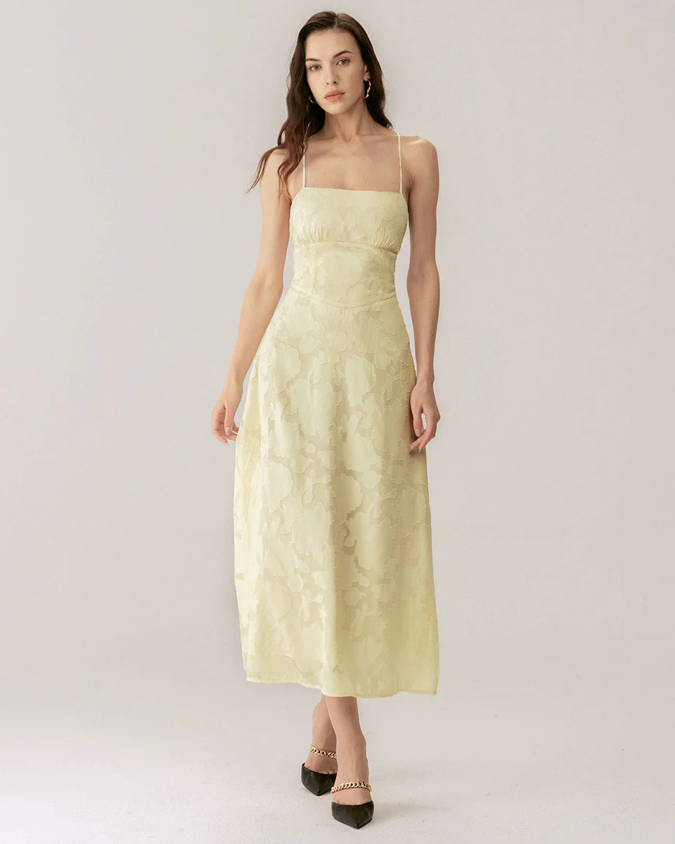Yellow Jacquard Corset Slip Maxi Dress | rihoas.com
