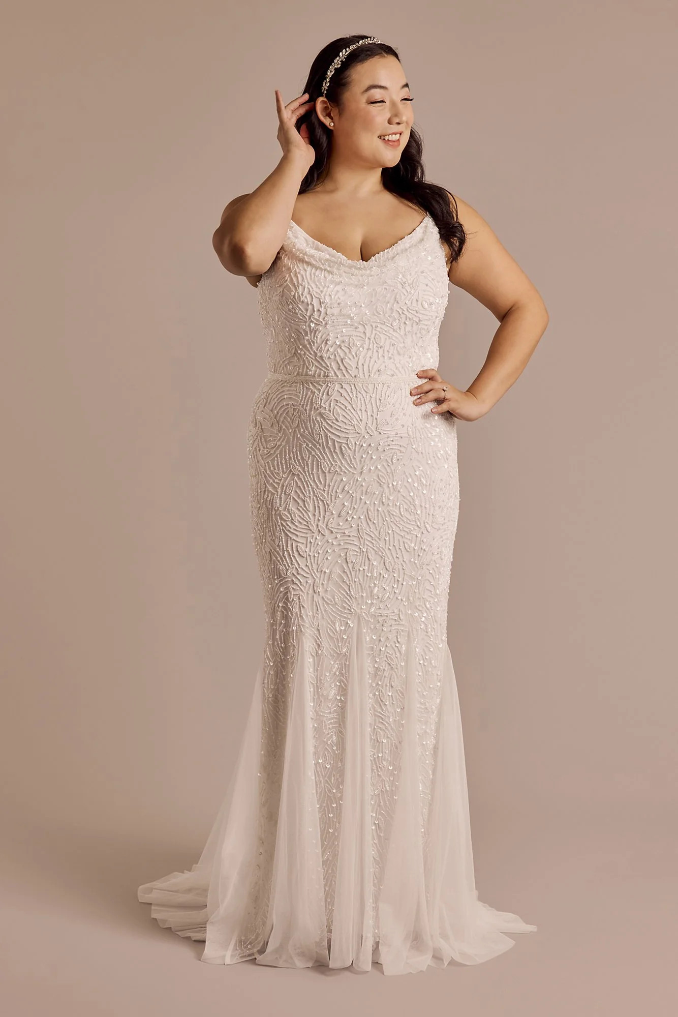 Beaded Mermaid Wedding Dress with Cowl Neckline | David's Bridal | David's Bridal