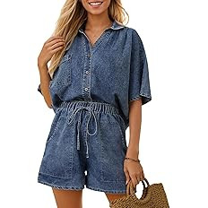 Zilcremo Womens 2 Piece Outfits Summer Denim Sets Short Sleeve Button Down Crop Jean Shirts High ... | Amazon (US)