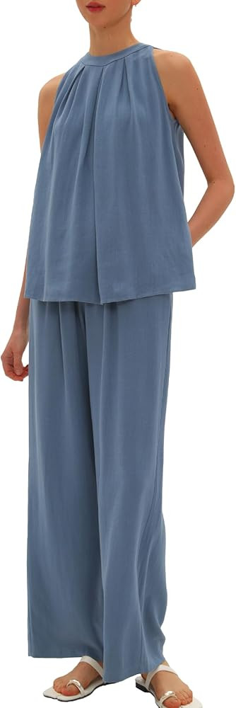 Beaully Women's Summer Linen 2 Piece Outfits Sets Loose Fit Sleeveless Tank Tops Wide Leg Pant Se... | Amazon (US)