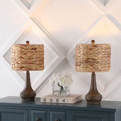 JONATHAN  Y 21-in Brown Wood Finish LED Rotary Socket Table Lamp with Rattan Shade (Set of 2) | Lowe's
