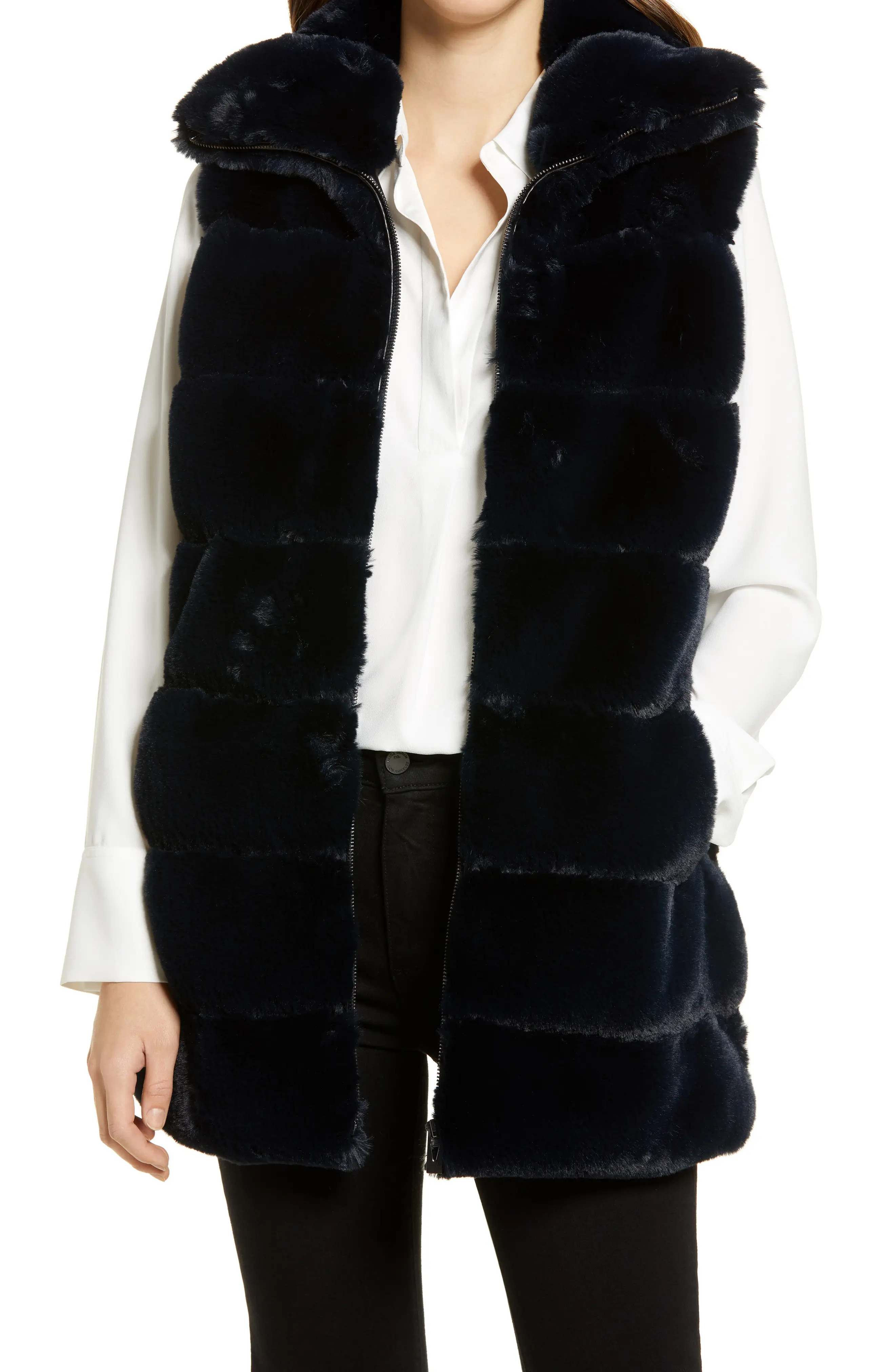 Via Spiga Hooded Faux Fur Vest, Size X-Small in Navy at Nordstrom | Nordstrom