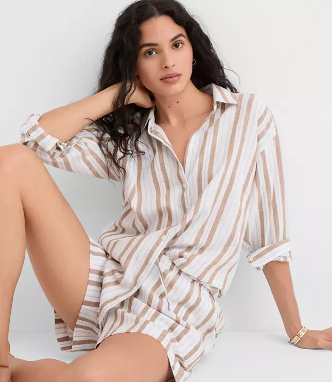 Striped Linen Cotton Everyday Oversized Shirt | LOFT