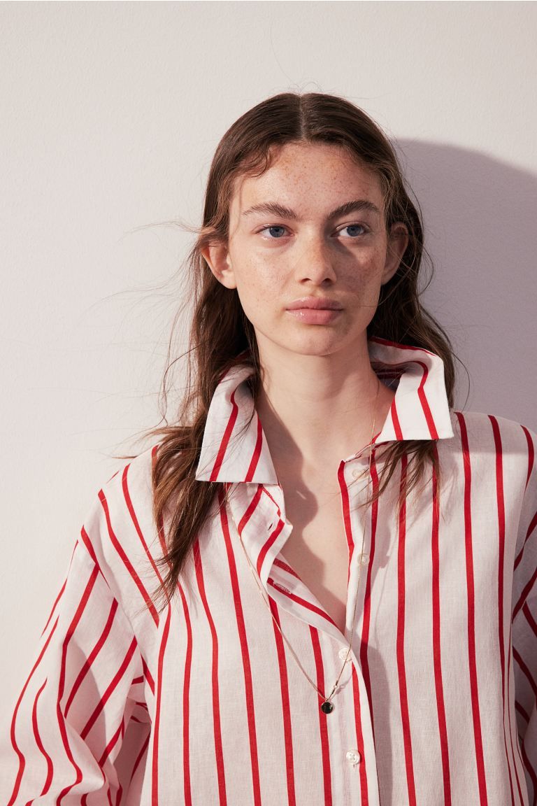 Linen-blend Shirt - Long sleeve - Regular length - White/red striped - Ladies | H&M US | H&M (US + CA)