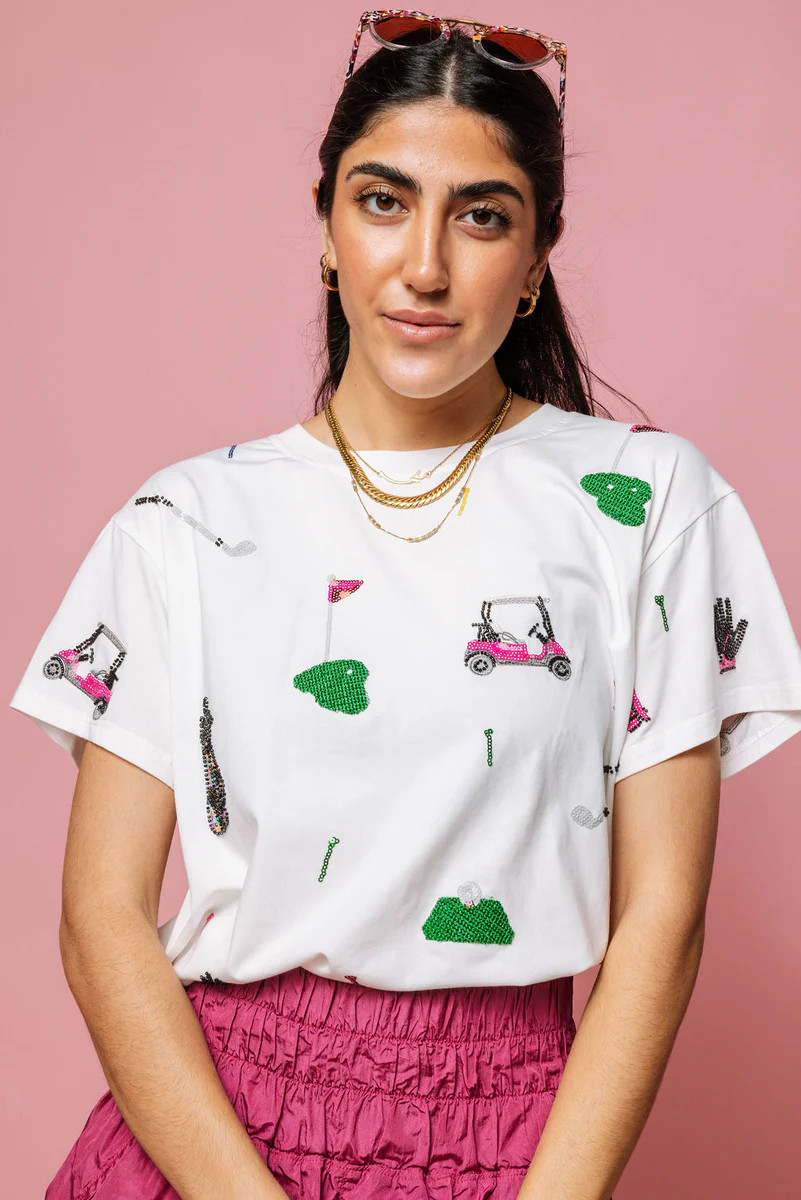 PRE-ORDER: White Scatter Golf Icon Tee | Queen of Sparkles