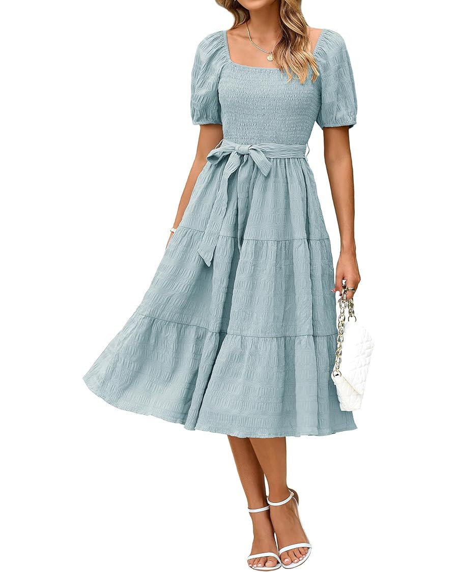 BerryGo Women's Summer 2025 Casual Smocked Midi Dress Square Neck Modest Puff Sleeve Flowy Beach ... | Amazon (US)
