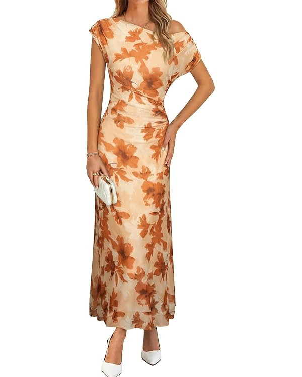 Amazon.com: BLENCOT Women's Mesh Bodycon Maxi Dress Summer Short Sleeve Off Shoulder Floral Print... | Amazon (US)