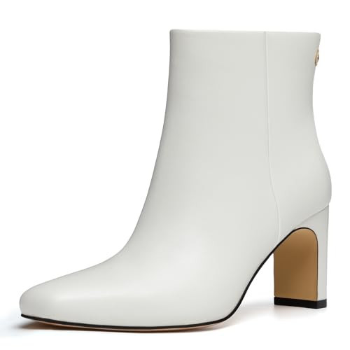 Athlefit Women's Ankle Boots Square Toe High Heel Short Boots Fashion Chunky Block Heeled White Booties Size 8.5 | Amazon (US)