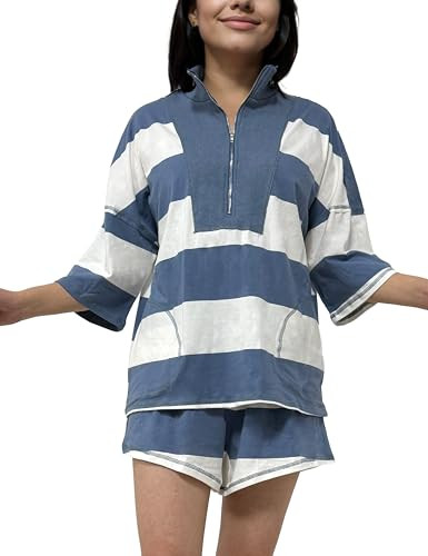 Amazon.com: IQSQSQ Womens Cotton Half Zip Retro Set Elastic Waist Short Striped Stylish Comfortab... | Amazon (US)
