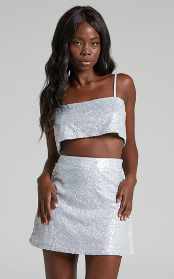 Elswyth Mini Skirt - Side Split Sequin Skirt in Silver | Showpo (US, UK & Europe)