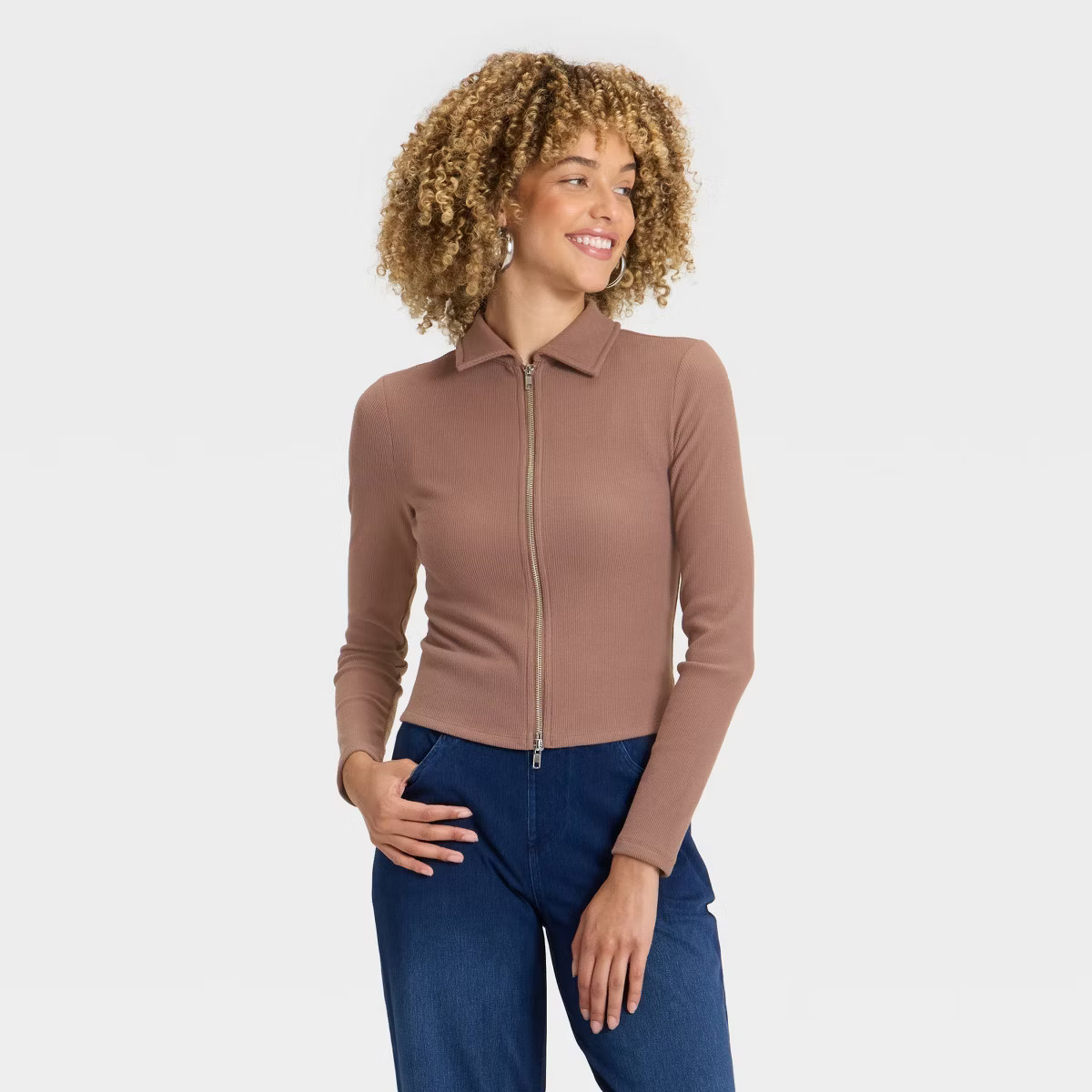 Women's Long Sleeve Brushed Ribbed Polo Zip-Up Jacket - A New Day™ | Target