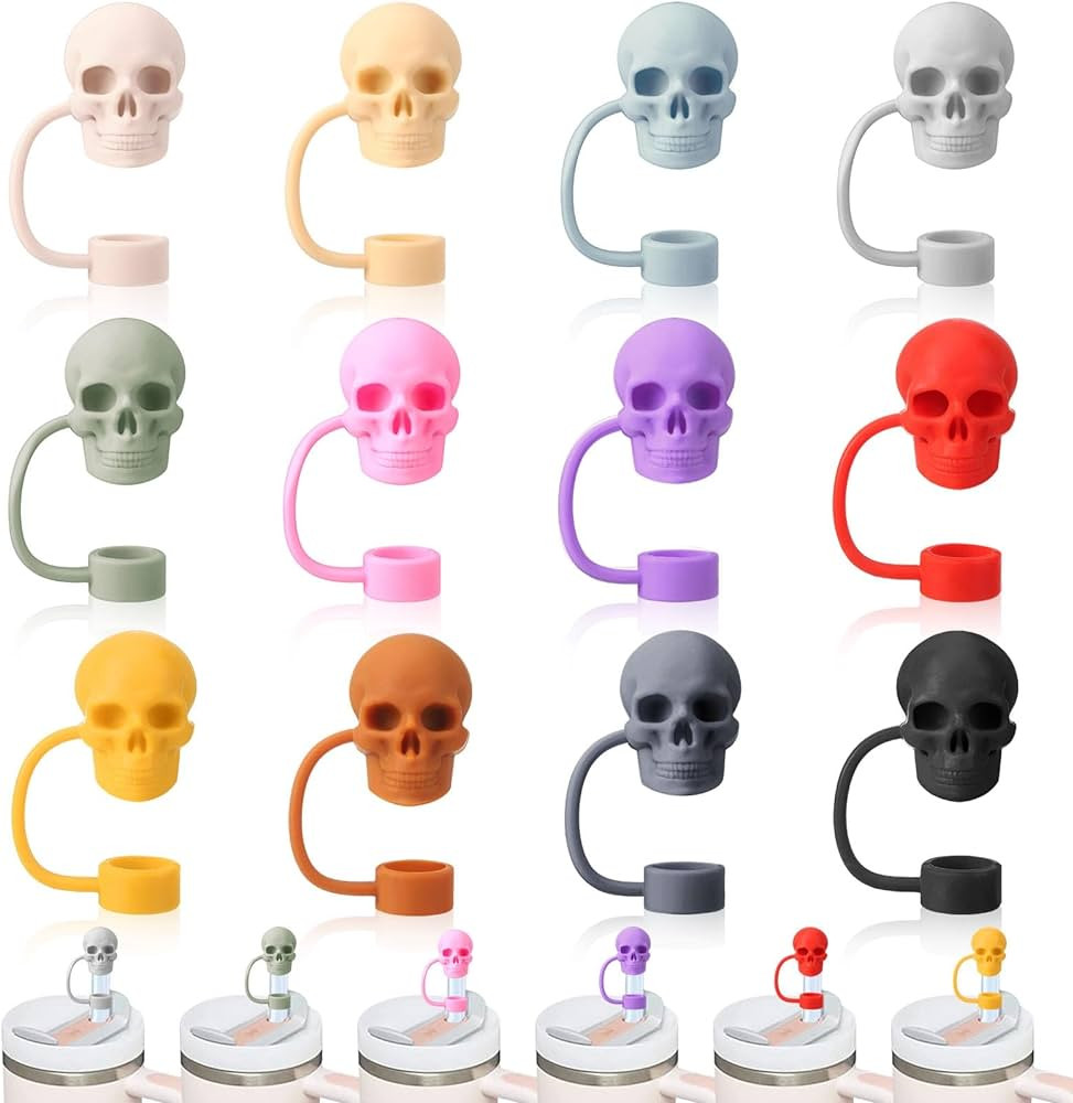 12 Pcs Skull Straw Cover Cap for Stanley Cup,Halloween Silicone Skeleton Straw Topper for Stanley... | Amazon (US)