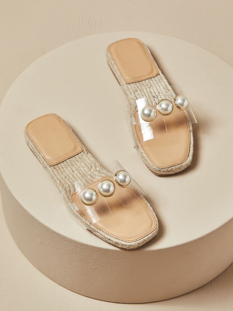 Clear Faux Pearl Decor Espadrille Slide Sandals | SHEIN