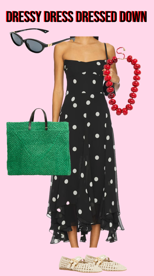 Polka dots are trending!
.............
One dress two ways straw tote straw bag straw purse colorful bag beach tote clare v. Polka dot dress revolve dress red necklace statement jewelry statement dress statement necklace wedding guest dress kitten heels flats beach dress beach look beach wedding wedding dress wedding guest dress 90s dress 90s look revolve bestsellers revolve finds cult Gaia bag cult Gaia dupe spring trends summer trends green tote bag green purse 