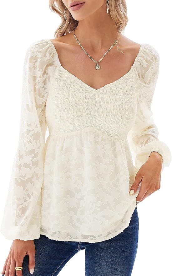 GRACE KARIN Women’s Smocked Peplum Floral Textured Casual Chiffon Blouse Puff Long Sleeve Sweet... | Amazon (US)