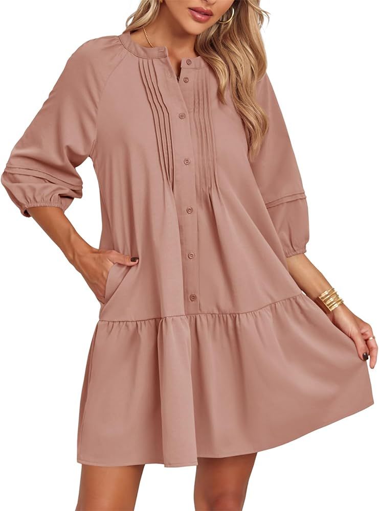 Fisoew Womens Summer Tunic Dress Ruffle Hem Button Down 3/4 Sleeve Loose Casual Mini Dresses with... | Amazon (US)
