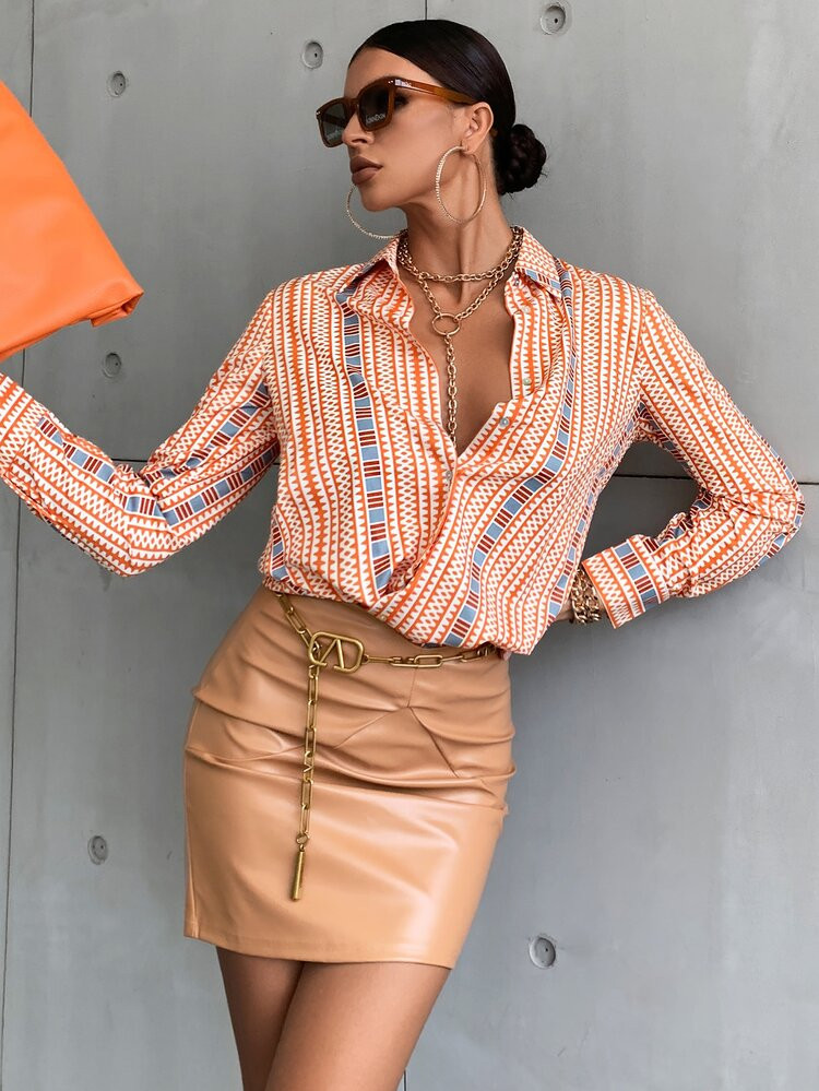 SHEIN Unity Geo Print Button Up Blouse | SHEIN