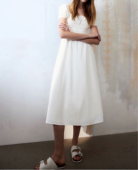 White puff sleeve linen midi dress 

#LTKSeasonal #LTKstyletip #LTKfindsunder50