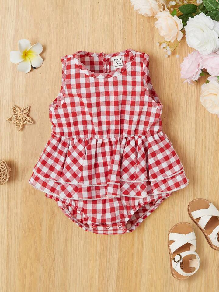SHEIN Vestido De Verano Sin Mangas Para Bebé, Informal Con Diseño De Cuadros Y Estampado, Borde... | SHEIN
