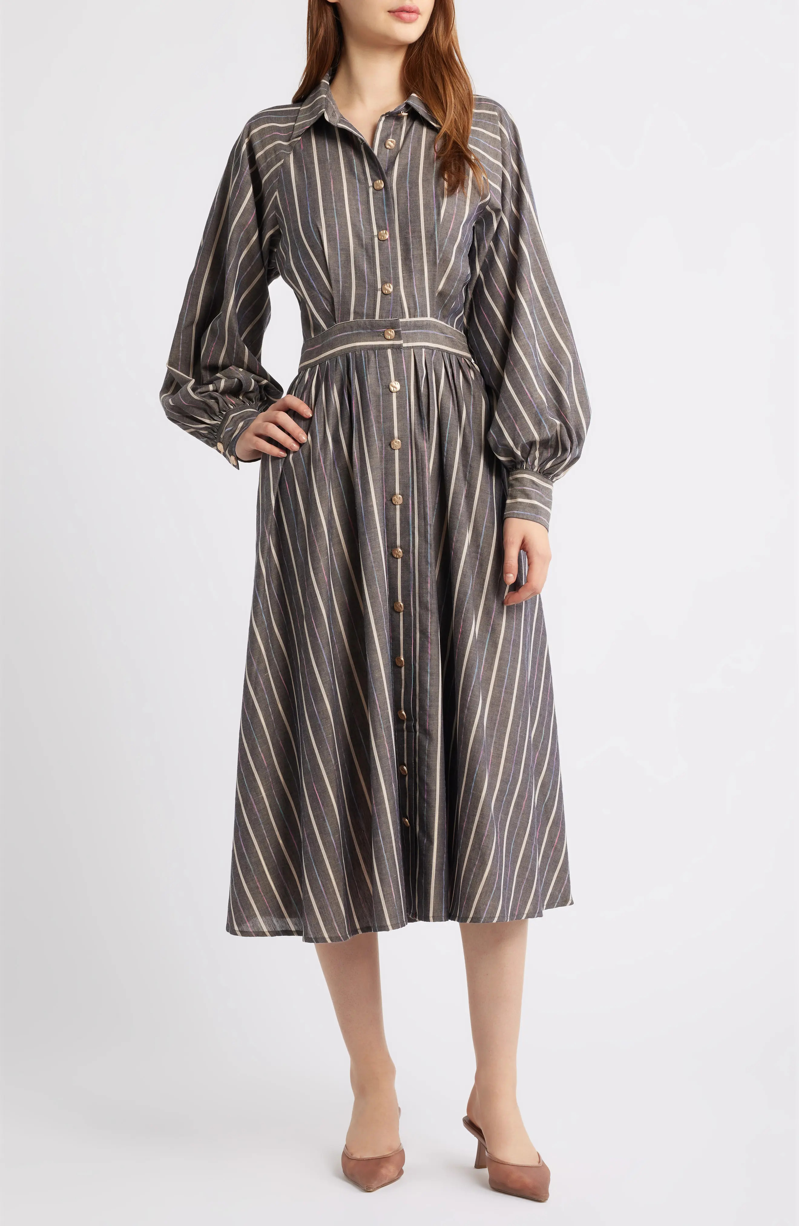 Stripe Pleated Long Sleeve Midi Shirtdress (Women) | Nordstrom | Nordstrom