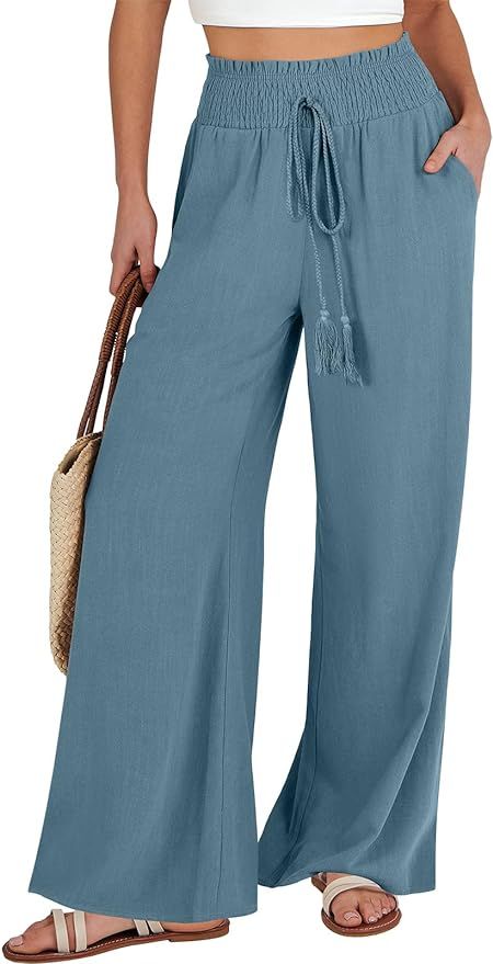 ANRABESS Women's Linen Palazzo Pants Summer Casual Vacation High Waist Wide Leg Trousers Trendy L... | Amazon (US)