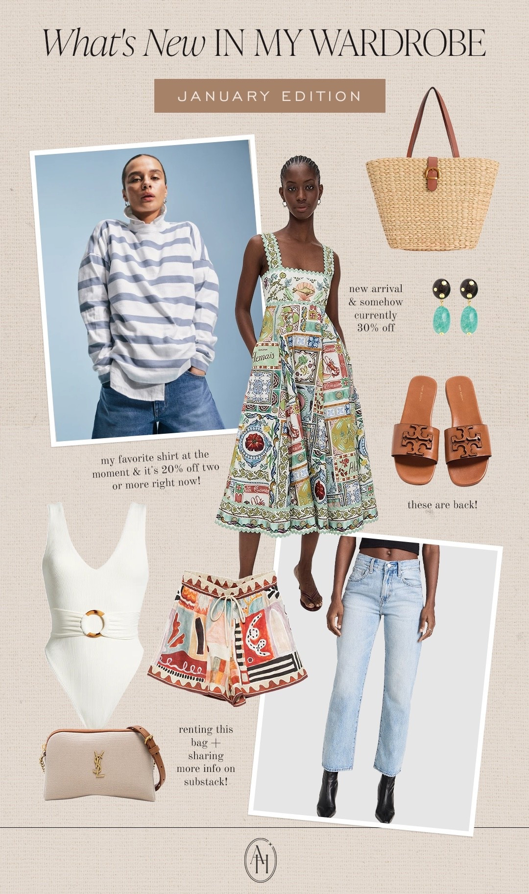 new spring buys, denim, white bathing suit, raffia bag, straw bag 
