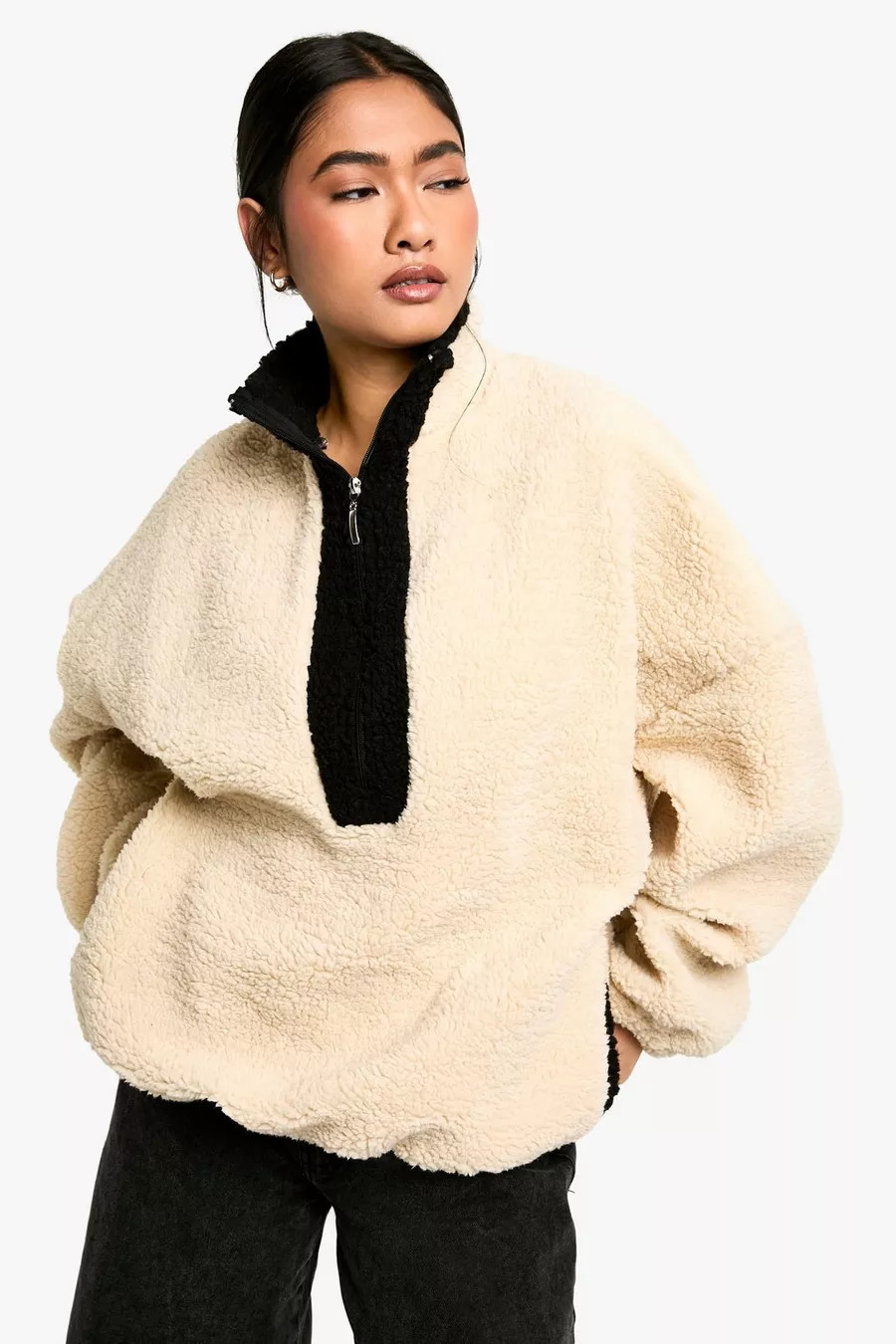 Nylon Detail Half Zip Oversized Borg Sweatshirt | boohoo (US & Canada)