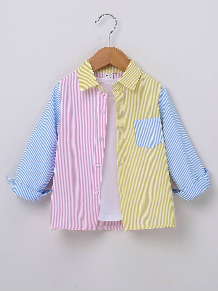 Toddler Boys Striped Colorblock Pocket Patched Shirt | SHEIN