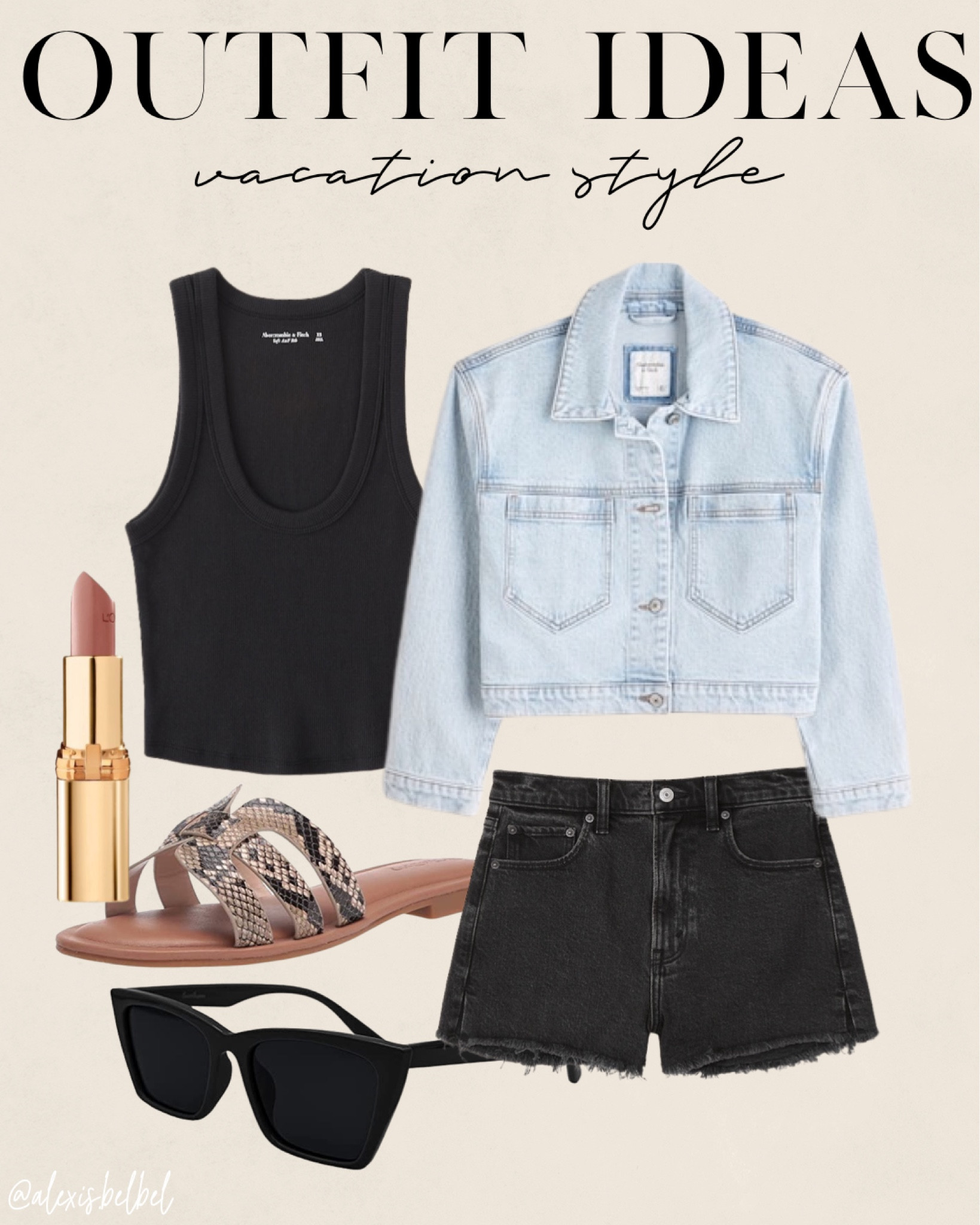 Vacation outfit idea, resort wear 
Black denim shorts size 24, black tank size Xs, denim jacket size xxs 

#LTKsalealert #LTKunder100 #LTKunder50
