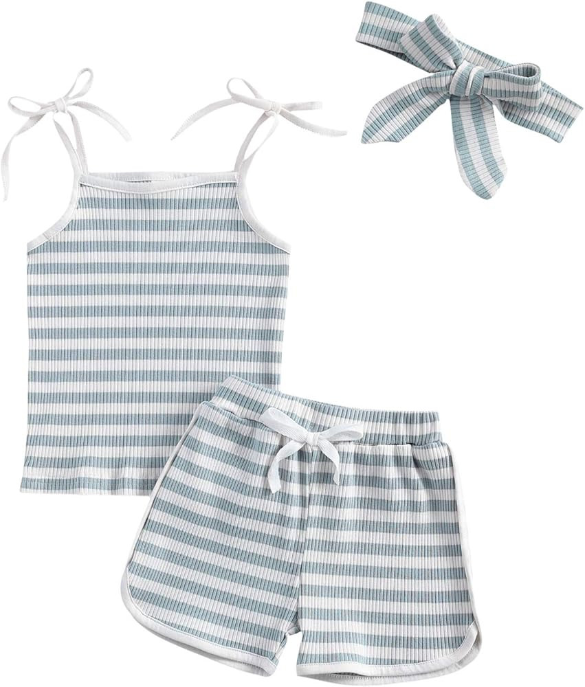 Toddler Baby Girl Summer Clothes Stripe Tank Top + Cotton Shorts Headband 3Pcs Knit Ribbed Outfit... | Amazon (US)