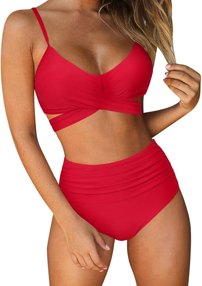 RUUHEE Women Criss Cross High Waisted String Floral Printed 2 Piece Bathing Suits | Amazon (US)