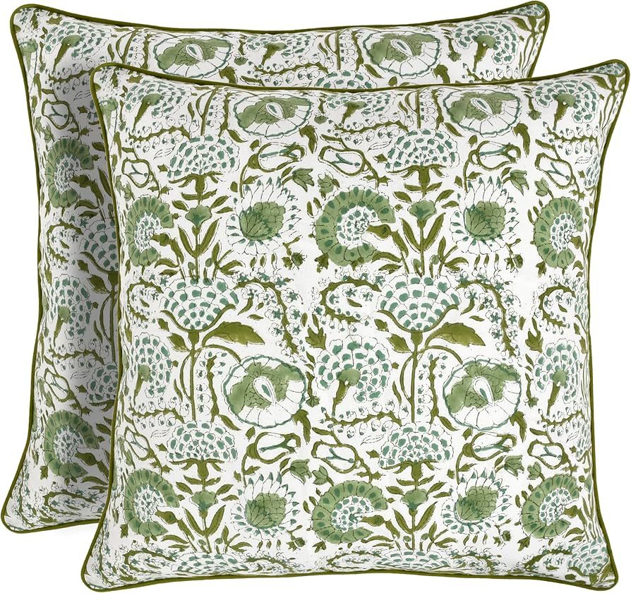 CPC Throw Pillow Covers 20x20 Inch, Set of 2 Green Block Print Pattern Couch Pillow, Cute Decorat... | Amazon (US)