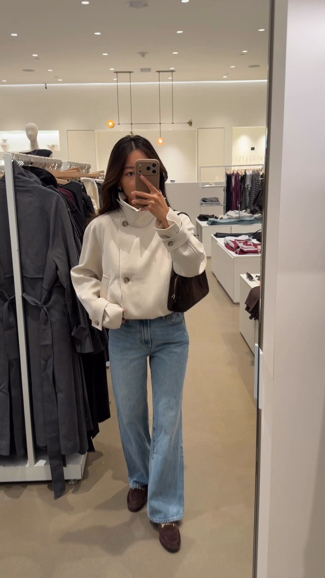 Trying on XS jacket, would need XXS!
• Oak Fort short trench jacket oversized fit long sleeves on me 
• Aritzia Farrah ankle jeans sz 24, “7 yrs bleu taboo” wash. Slightly loose and relaxed fit at waist but i love thjd length . 
• Aritzia rib tee XS (size up)  
• Sam Edelman Loraine loafer 5.5 
• Madewell suede bag 

Petite fall style, casual mom style, easy autumn outfit

#LTKPetite #LTKSeasonal #LTKmomlife