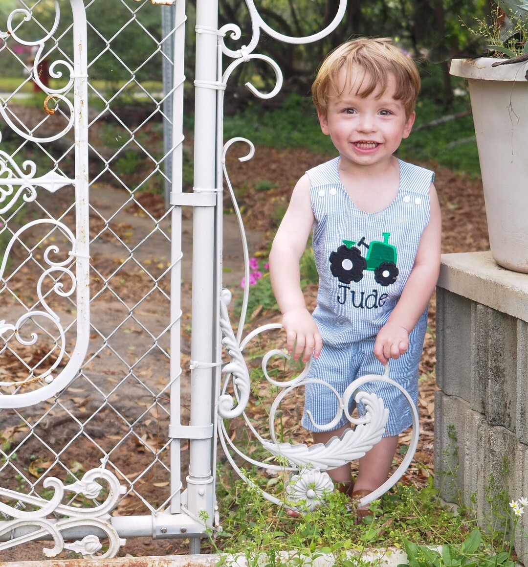 Baby Boy Tractor Outfit Baby Romper Boys Shortall Seersucker Outfit Baby Summer Outfit Boys Jon J... | Etsy (US)