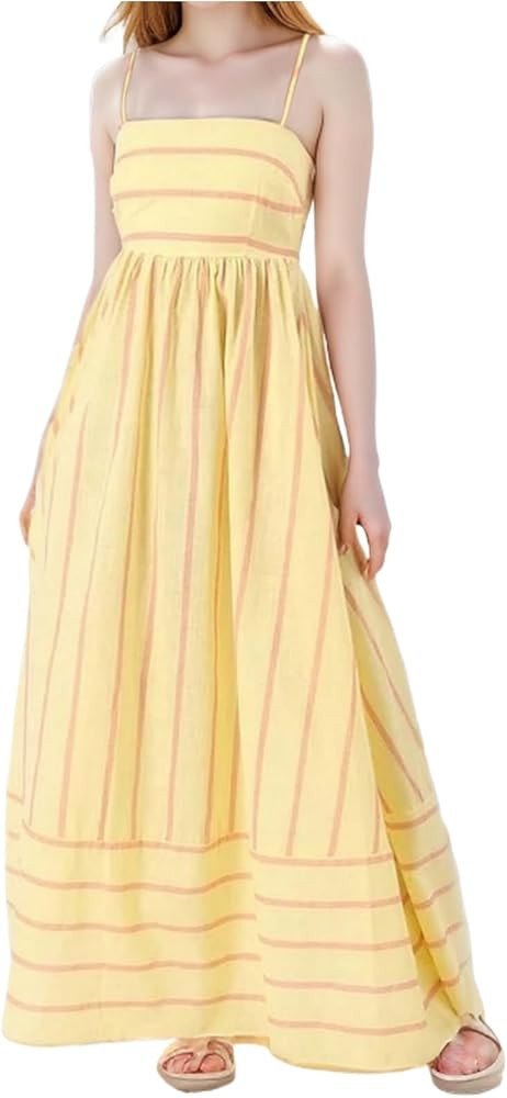 Women's Striped Back Smocked Maxi Dress Sexy Spaghetti Strap Cut Out Flowy Swing Long Dress Strip... | Amazon (US)