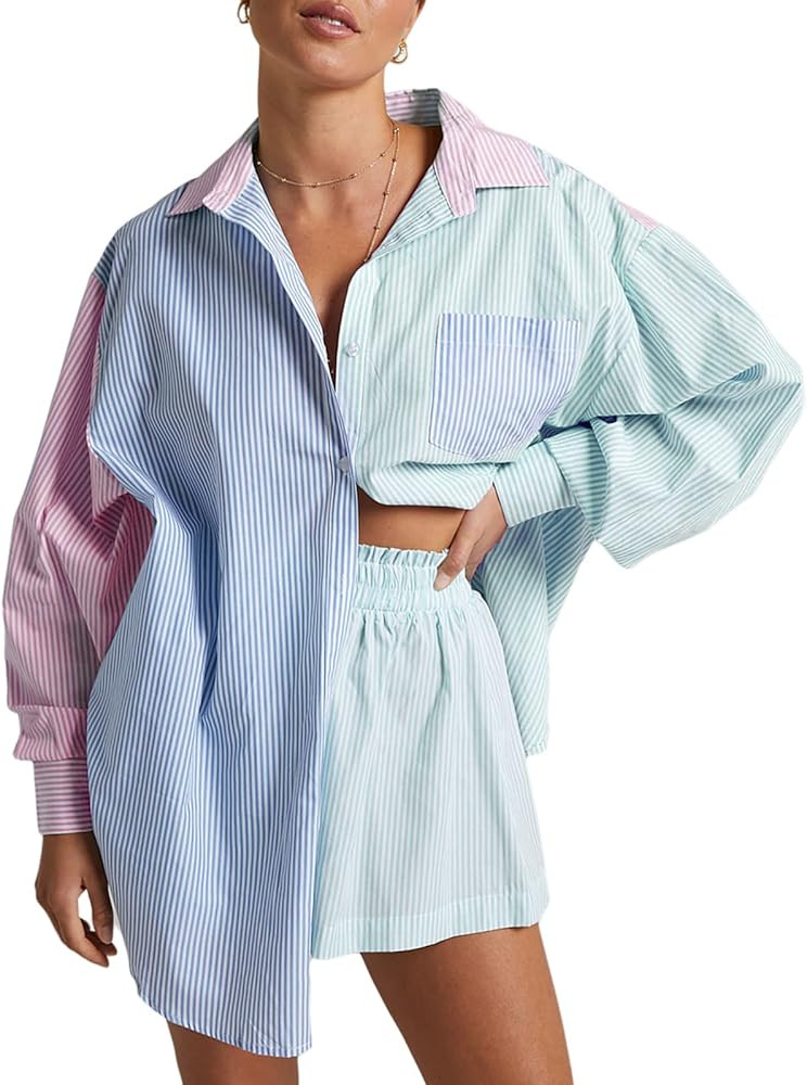 Biivrii Women Summer Casual Two Piece Tracksuit Long Sleeve Button Down Shirt High Waisted Elasti... | Amazon (US)