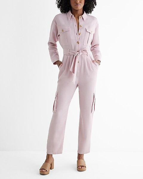Long Sleeve Tie Waist Utility Jumpsuit | Express