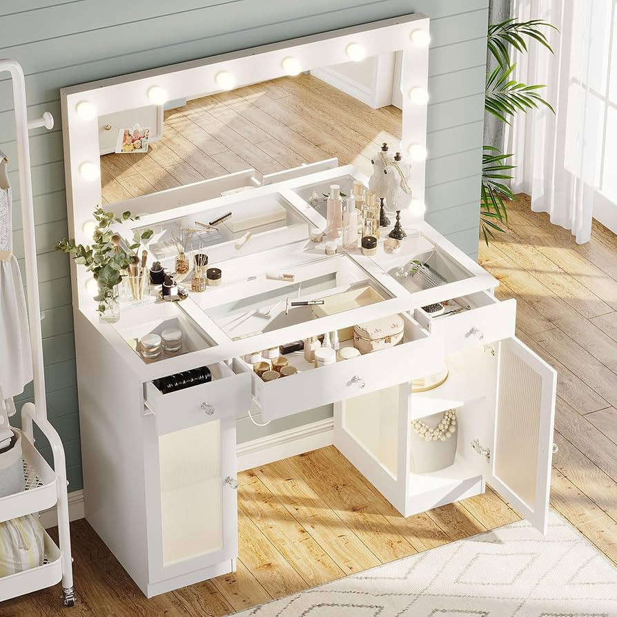 Vanity Desk with Large Mirror and Lights, Glass Top Makeup Vanity with Lights & Power Outlet for ... | Amazon (US)