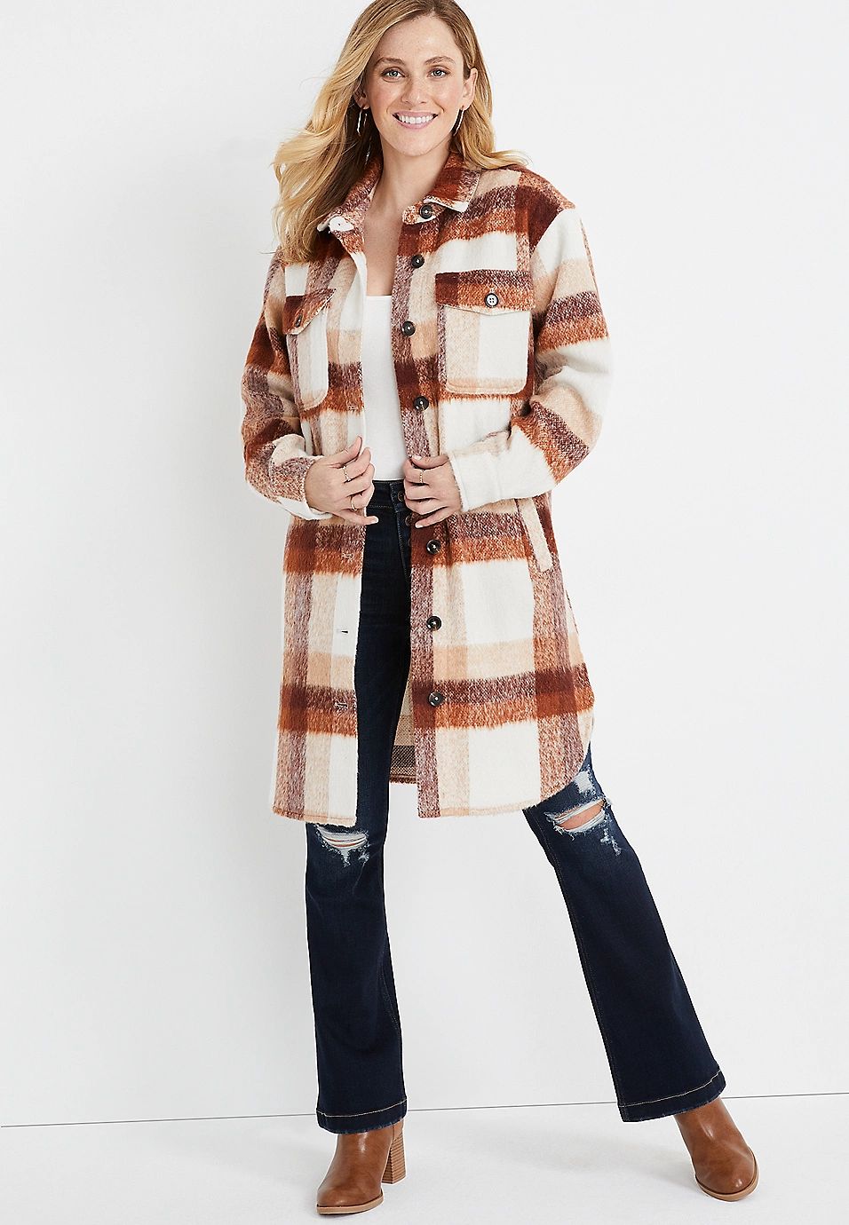 Neutral Plaid Longline Wool Shacket | Maurices