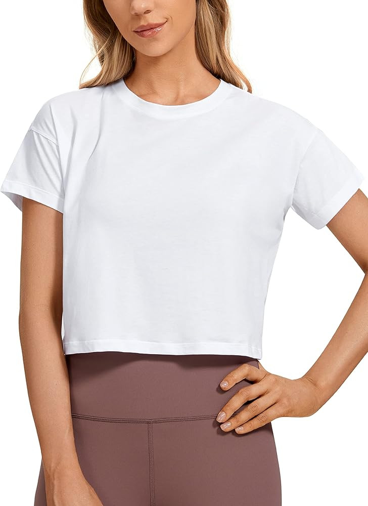 CRZ YOGA Women's Pima Cotton Workout Short Sleeve Shirts Loose Crop Tops Athletic Gym Shirt Casua... | Amazon (US)