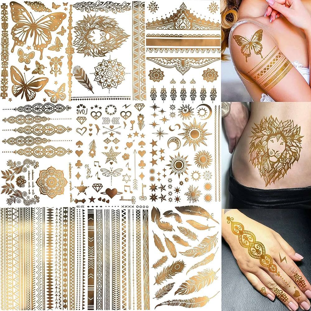 Bilizar 9 Sheets 110+ Designs Flash Gold Temporary Tattoos Metallic For Women Adults, Girl Golden... | Amazon (US)