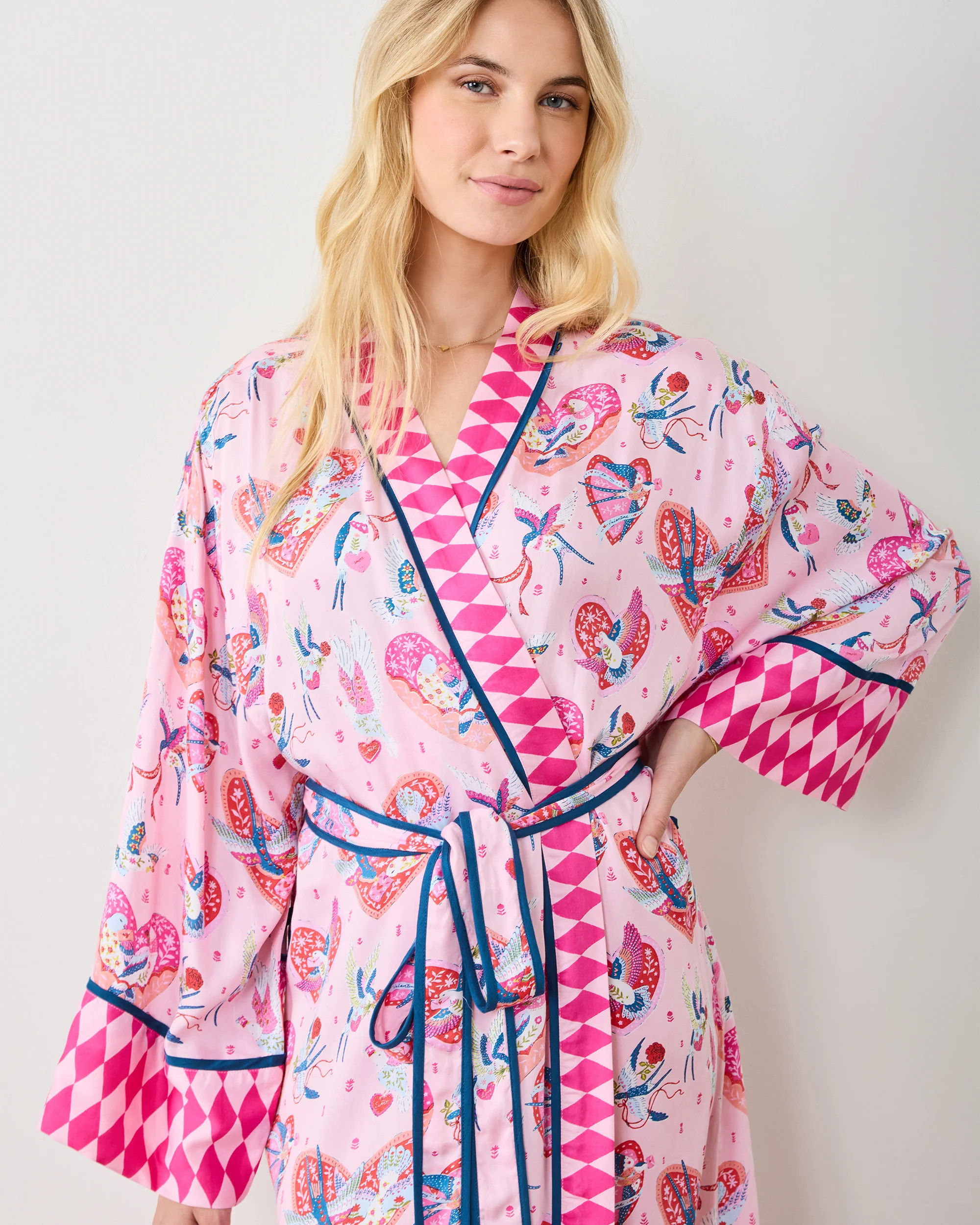 Swooning Sparrows - Eco Satin Robe - Pink Petal | Printfresh