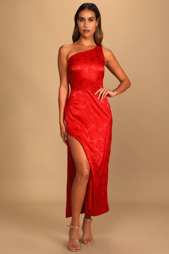 Chasing Desire Red Satin Jacquard One-Shoulder Maxi Dress | Lulus (US)