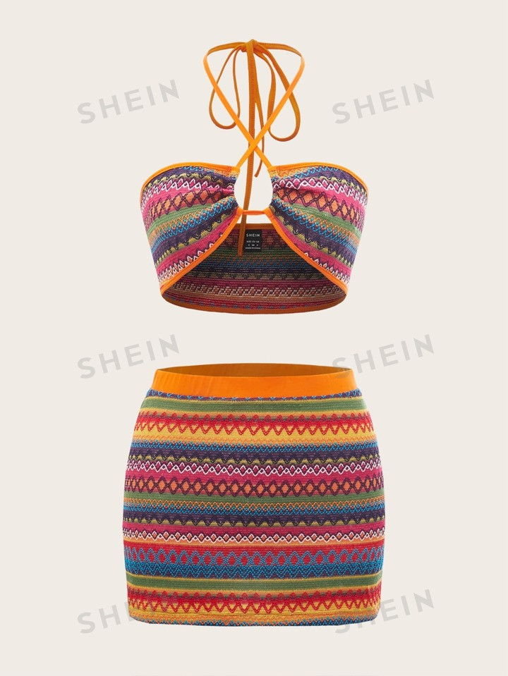 SHEIN X Stagecoach Plus Chevron Print Halter Top & Bodycon Skirt | SHEIN