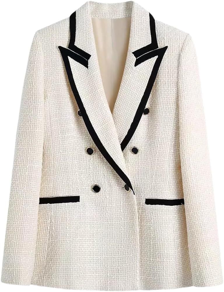 Women Double Breasted Tweed Blazer Coat Vintage Long Sleeve Pockets Outerwear Jacket | Amazon (US)