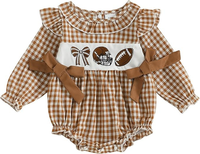 Newborn Infant Baby Girl Outfit Fall Football Long Sleeve Romper Bodysuit Ruffled Plaid Bubble Cl... | Amazon (US)