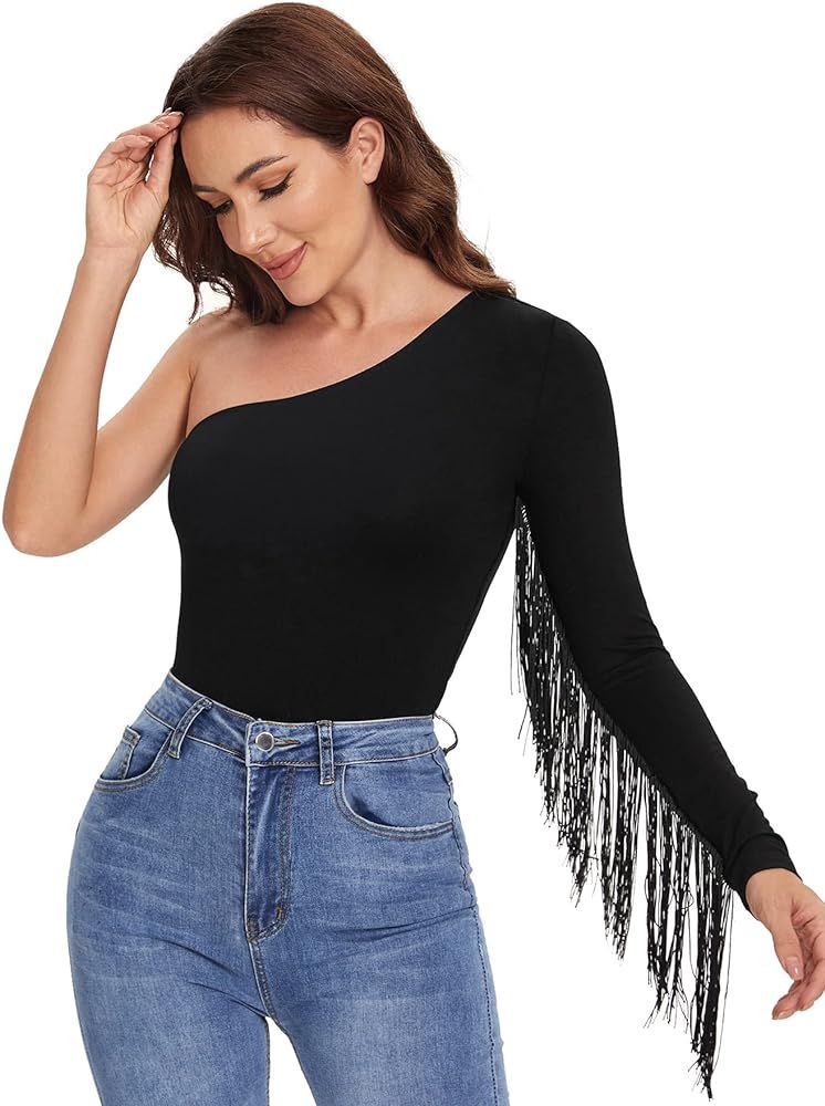 Verdusa Women's Fringe Trim One Shoulder Long Sleeve Fitted Top | Amazon (US)