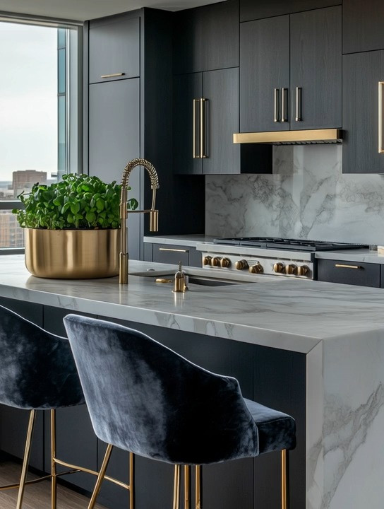 Dark gray velvet kitchen island stools with gold legs instantly elevate a modern kitchen. But the real secret? The Rule of Three.

When styling a luxury kitchen, repeat one finish three times for cohesion. In this case, brushed gold becomes the anchor. Start with gold-accented velvet bar stools. Add a brushed gold kitchen faucet. Complete the trio with a gold planter filled with fresh, nourishing herbs.

That’s not just decor — that’s practical beauty.

The velvet counter stools add softness and depth against marble countertops and dark cabinetry. The gold hardware introduces warmth and refinement. And the gold herb planter brings life, freshness, and function to the kitchen island. Basil, rosemary, or mint — accessible and beautiful.

Repeating gold in three intentional elements creates balance without overwhelming the space. It feels designer-curated rather than accidental. This works beautifully in modern kitchens, contemporary apartments, and black-and-white marble kitchens that need warmth.

Simple rule. Three matching finishes. Maximum impact.

#VelvetBarStools
#GoldKitchenFaucet
#ModernKitchenDesign
#LuxuryKitchenStyling 

 #LTKHome