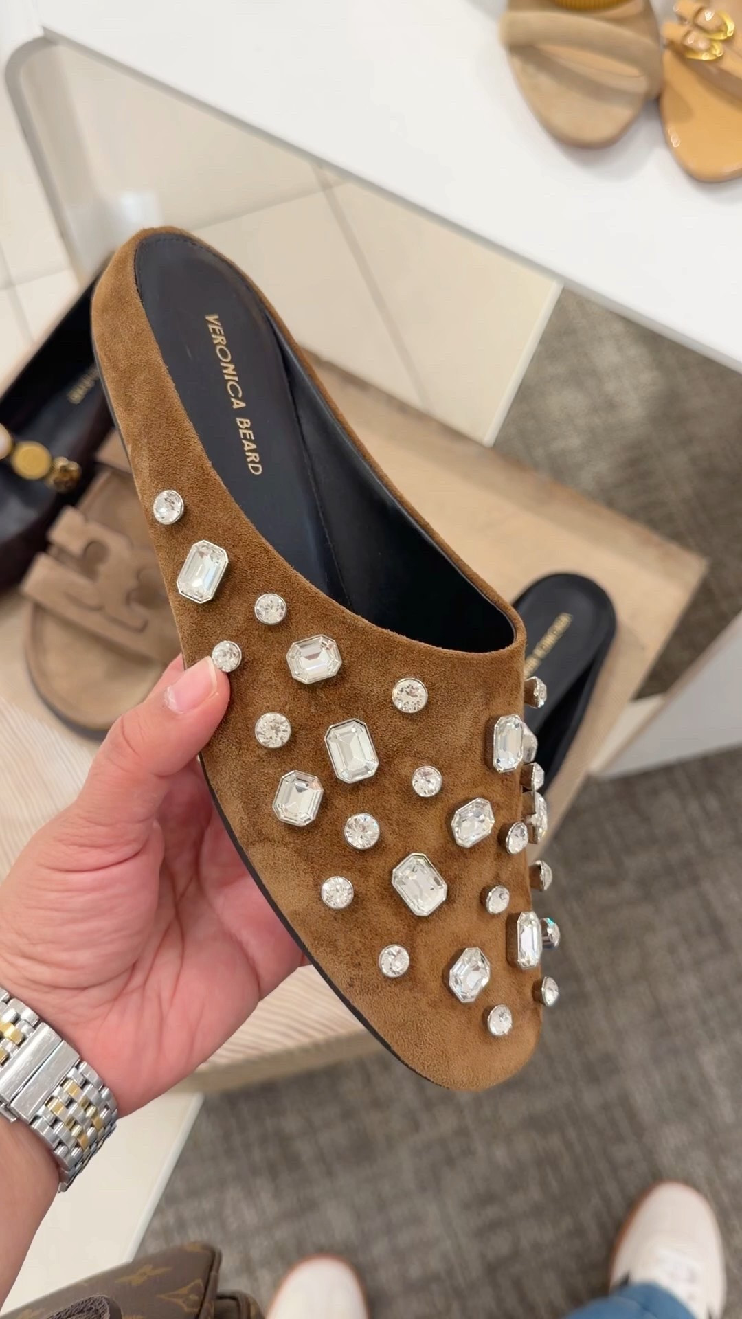 Aren’t these Veronica Beard crystal embellished brown suede mules so pretty?! Such a beautiful statement shoe to add to winter outfits! Can be worn with dressy and casual looks. 

#LTKTravel #LTKOver40 #LTKSeasonal